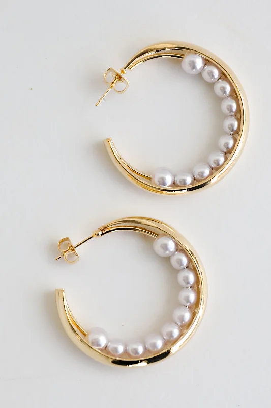 Single earring for women -FINAL SALE - Elle Gold Pearl Double Hoop Earrings