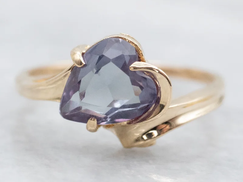 Custom rings with initials for women -Yellow Gold Heart Shaped Synthetic Alexandrite Solitaire Bypass Ring