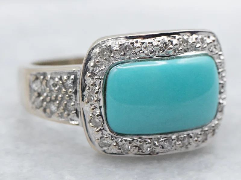 Custom-designed rings for women -Modern Turquoise and Diamond Halo Ring