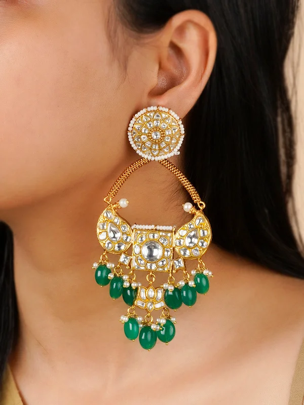 Luxury gold earrings for women -Green Color Gold Plated Thappa Jadau Kundan Earrings - TJ-E94A