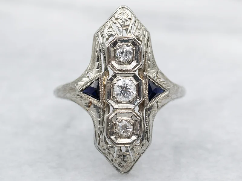 Simple platinum rings for women -Art Deco European Cut Diamond Dinner Ring with Sapphire Accents