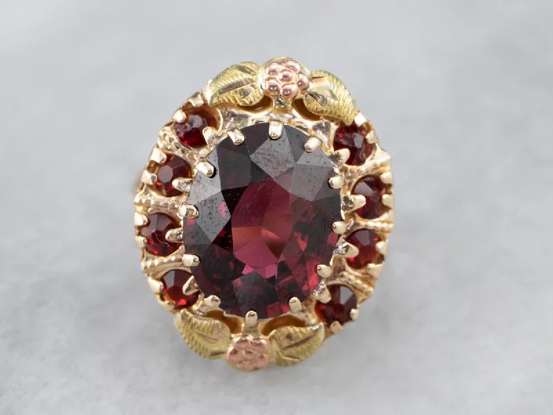 Fashion diamond rings for women -Retro Era Floral Garnet Halo Cocktail Ring