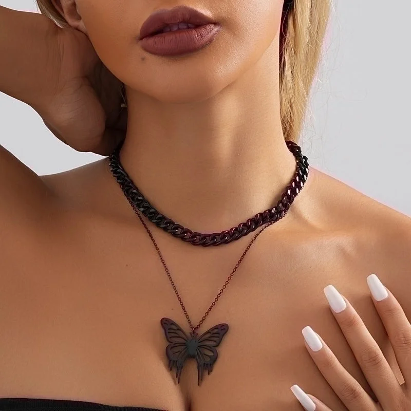 Layered necklaces for women -Streetwear Butterfly Stainless Steel Layered Necklaces In Bulk