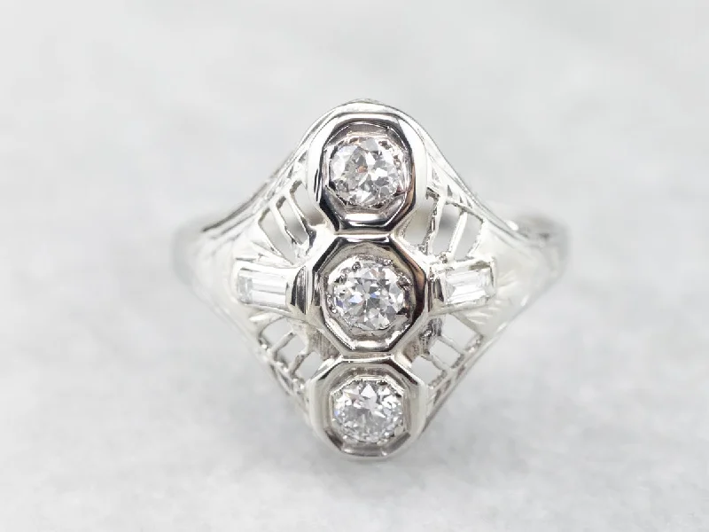 Custom-designed rings for women -Art Deco Diamond White Gold Dinner Ring