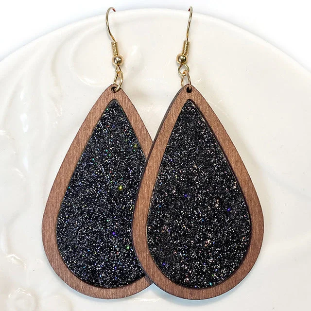 Evening earrings for women -Gorgeous Black Glitter Wood Drop Earrings