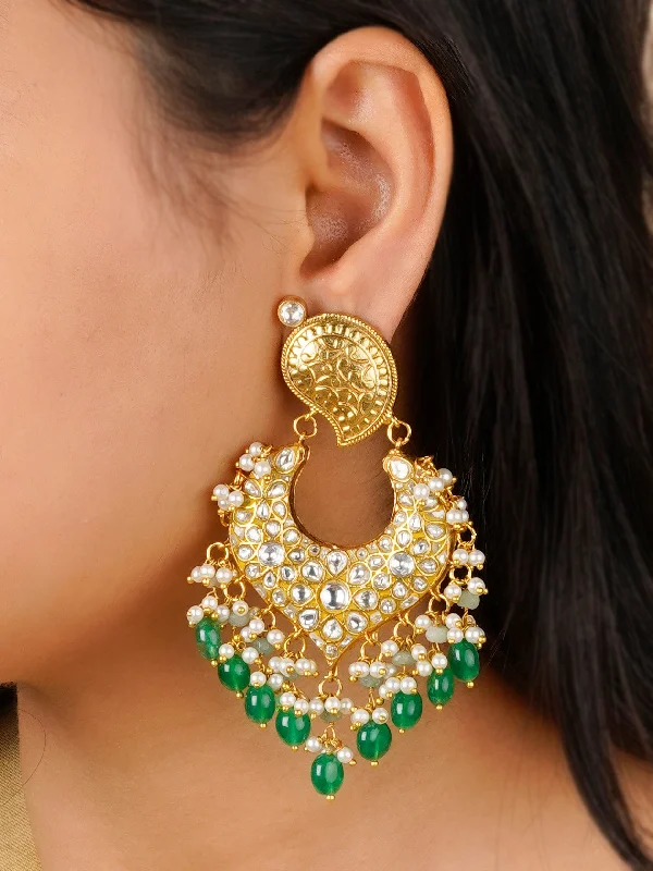 Shell earrings for women -Green Color Gold Plated Thappa Jadau Kundan Earrings - TJ-E99