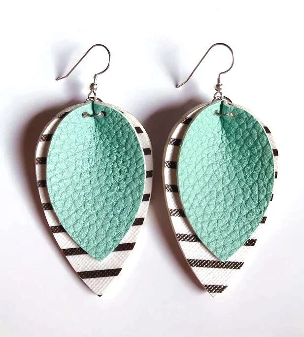 Custom earrings for women -Mint Striped Leather Drop Earrings