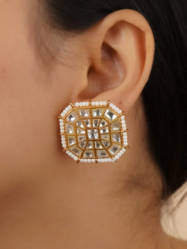 Stud earrings for women -White Color Gold Plated Thappa Jadau Kundan Earrings - TJ-E116