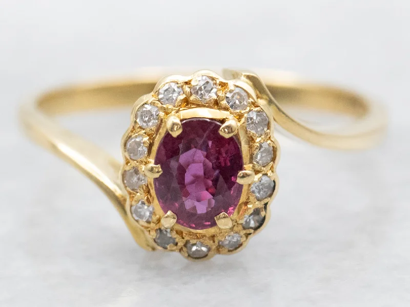 Adjustable silver rings for women -18K Gold Ruby and Diamond Halo Bypass Ring