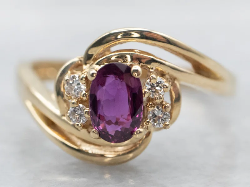 Wedding rings with colored stones for women -Yellow Gold Oval Cut Ruby Bypass Ring with Diamond Accents