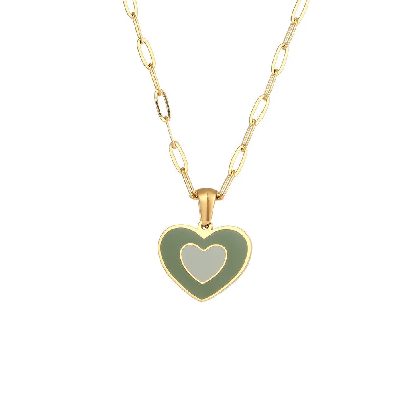 Double layered oil dripping love pendant necklace - green