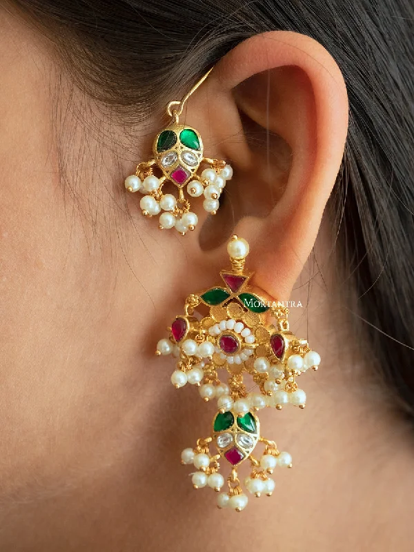 Trendy drop earrings for women -Multicolor Gold Plated Jadau Kundan Earrings - ME1064M