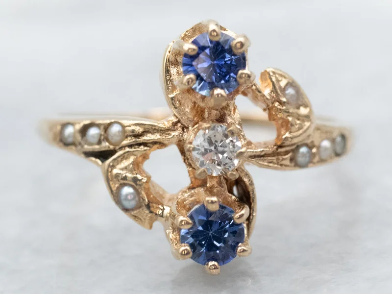 Trendy rings for women -Antique Diamond Sapphire and Seed Pearl Ring