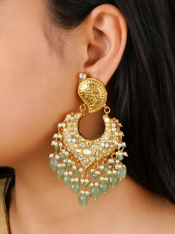 Single earring for women -Green Color Gold Plated Thappa Jadau Kundan Earrings - TJ-E99A