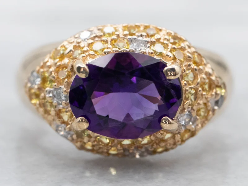 Fashion rings for women -Yellow Gold East West Oval Cut Amethyst Ring with Diamond and Yellow Sapphire Accents