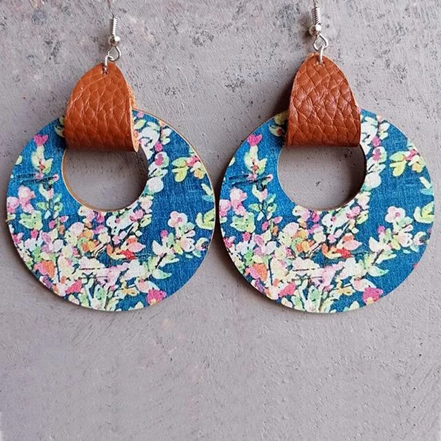 Aqua earrings for women -Beautiful Wood and Leather Circle Hoop Earrings