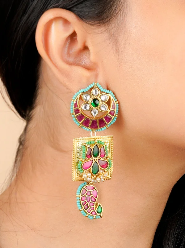 Oval earrings for women -Multicolor Gold Plated Mishr Earrings - MR-E209M