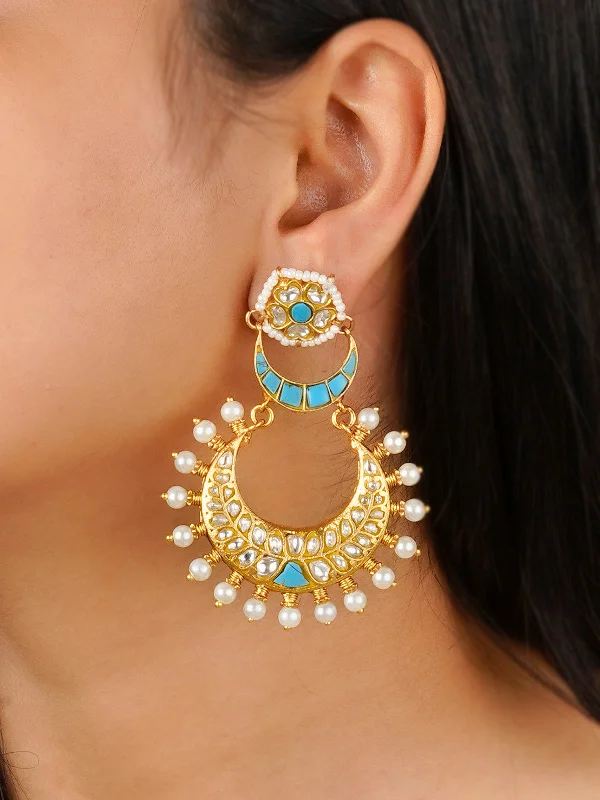 Pretty earrings for women -Firoza Color Gold Plated Thappa Jadau Kundan Earrings - TJ-E102WF