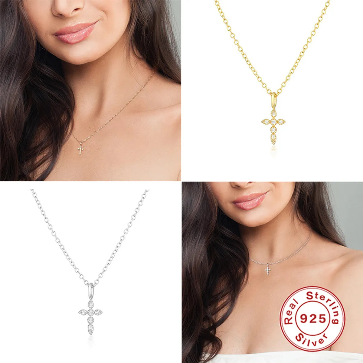 Fashion necklaces for women -Sterling Silver Simple Style Cross Inlay Zircon Pendant Necklace