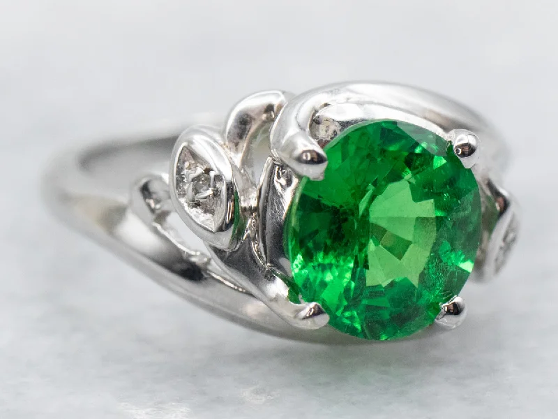 Solitaire rings for women -Fine Green Tsavorite Garnet and Diamond Ladies Bypass Ring