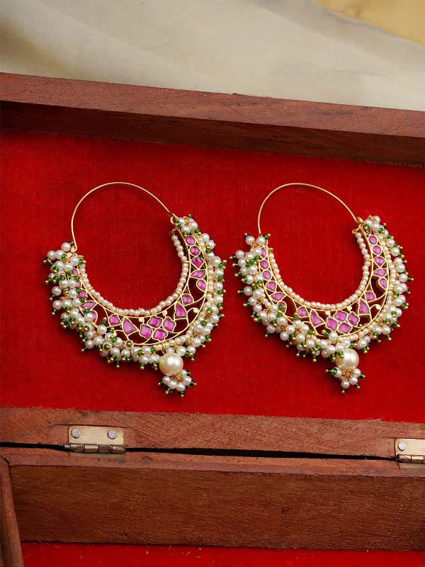 Designer earrings for women -Pink Color Gold Plated Jadau Kundan Earrings - ME1164P