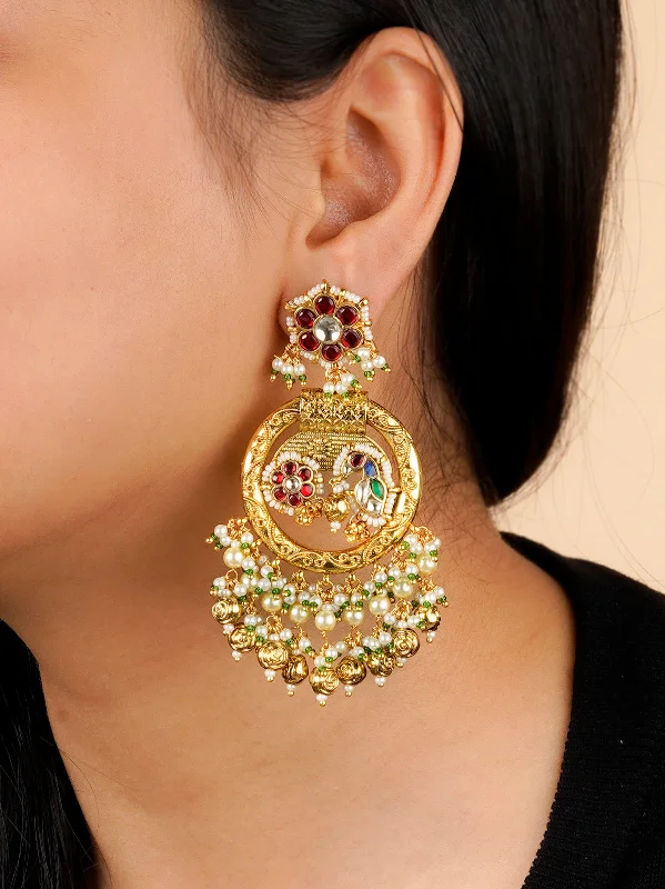 Antique earrings for women -Multicolor Gold Plated Jadau Kundan Earrings - ME1187M