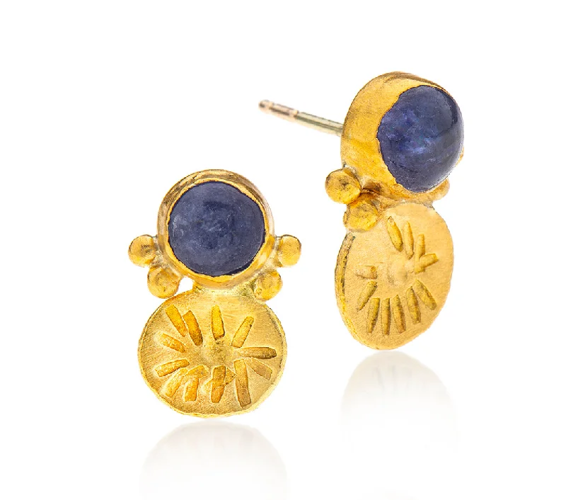 Handmade silver earrings for women -Nava Zahavi Tanzanite and Yellow Gold Stud Earrings