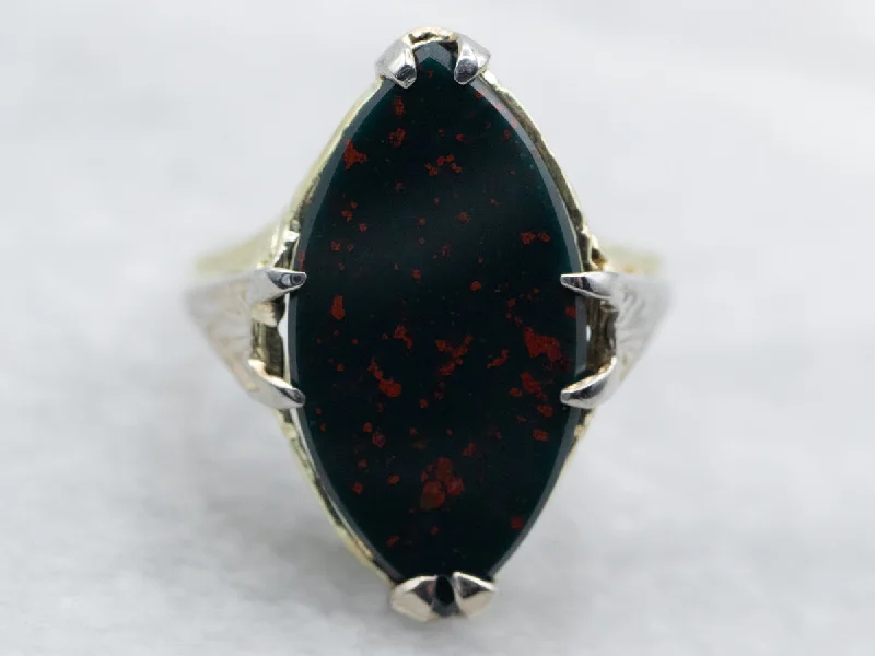 Classic rings for women -Two Tone Marquise Cut Bloodstone Solitaire Ring