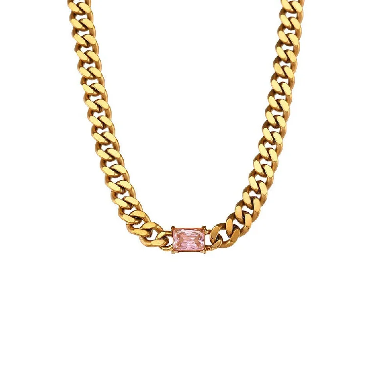 Cuban Chain Rectangular Zircon Necklace - Gold - Pink Diamond