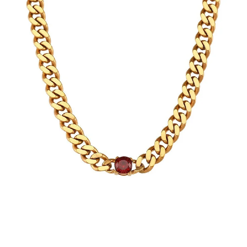 Golden Cuban Chain Round Zircon Necklace - Red Diamond