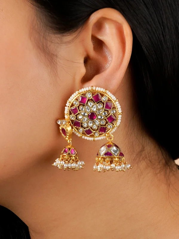 Double hoop earrings for women -Pink Color Gold Plated Jadau Kundan Earrings - ME1182WP