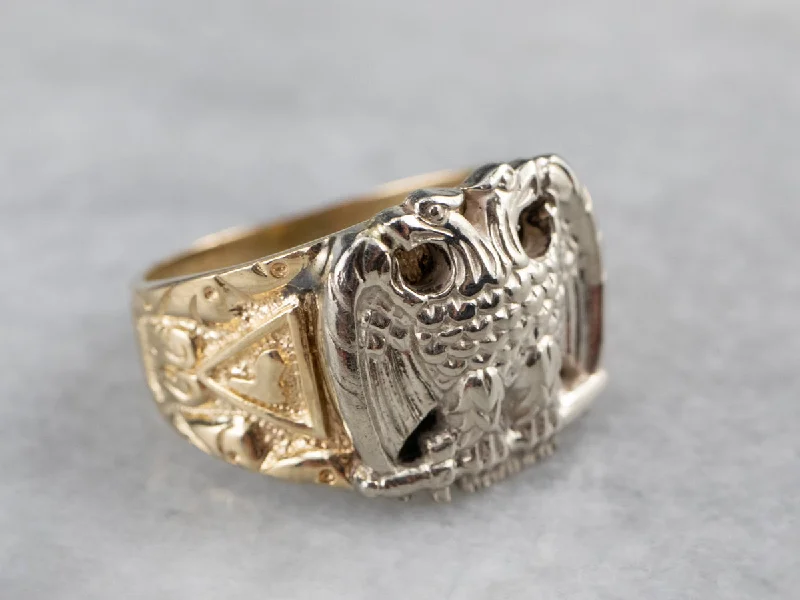 Adjustable silver rings for women -Two Tone Gold Masonic Eagle Ring