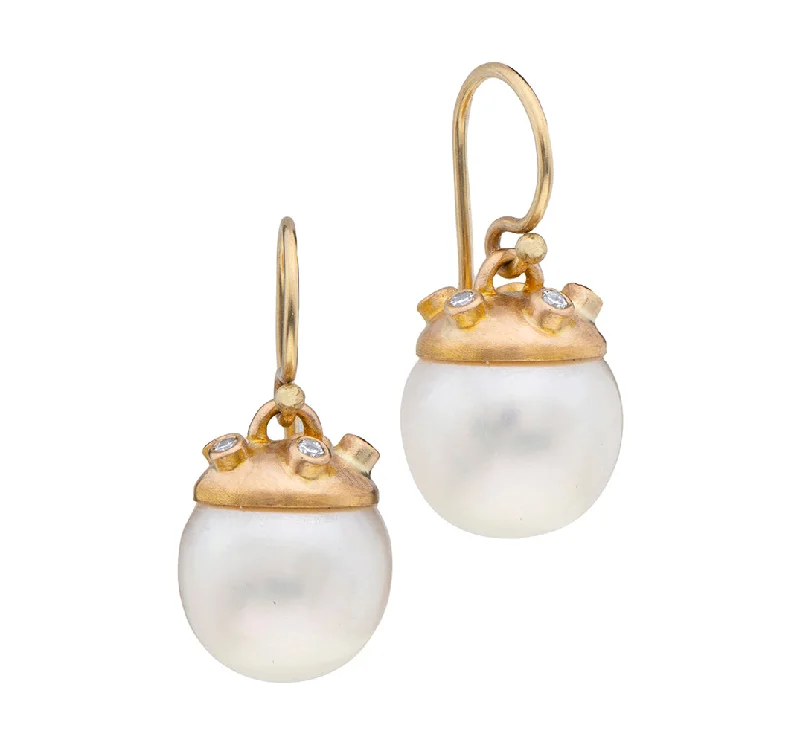 Evening earrings for women -Nava Zahavi Yellow Gold Pearl and Diamonds Dome Earrings