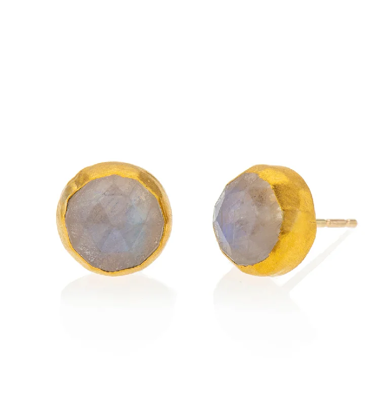 Bohemian earrings for women -Nava Zahavi Yellow Gold Round Moonstone Stud Earrings