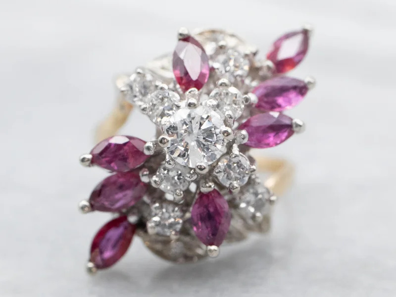 Elegant fashion rings for women -Two Tone Round Cut Diamond and Marquise Cut Ruby Cluster Bypass Ring