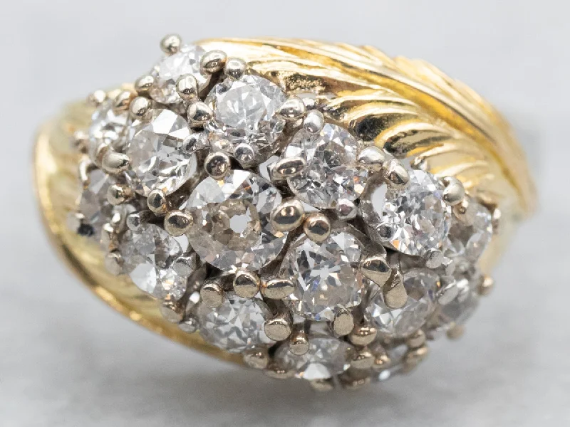 Fashion diamond rings for women -Yellow and White Gold Old Mine Cut Diamond Cluster Ring with Feather Accents