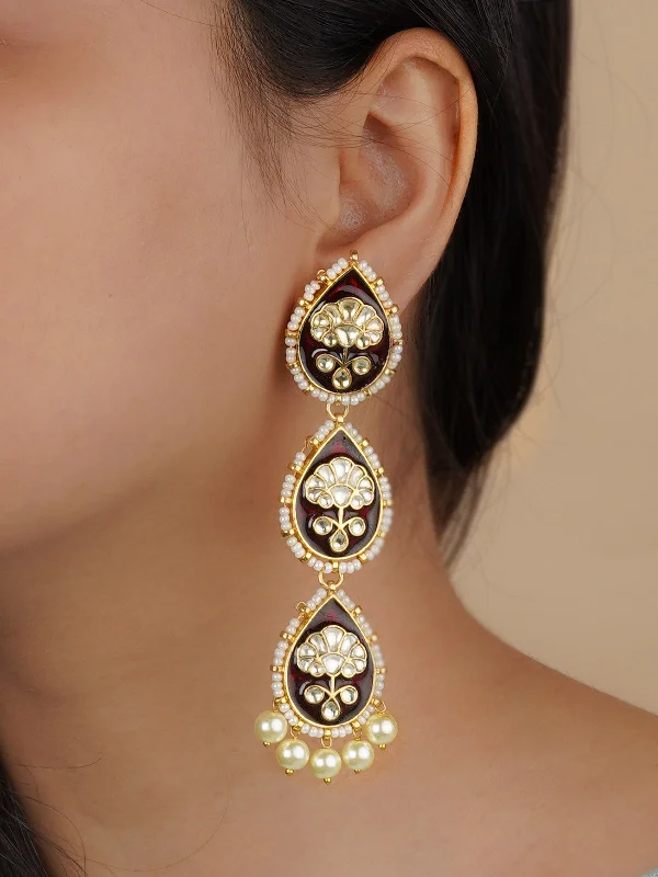 Diamond and gold earrings for women -Maroon Color Gold Plated Jadau Kundan Earrings - ME1052MR