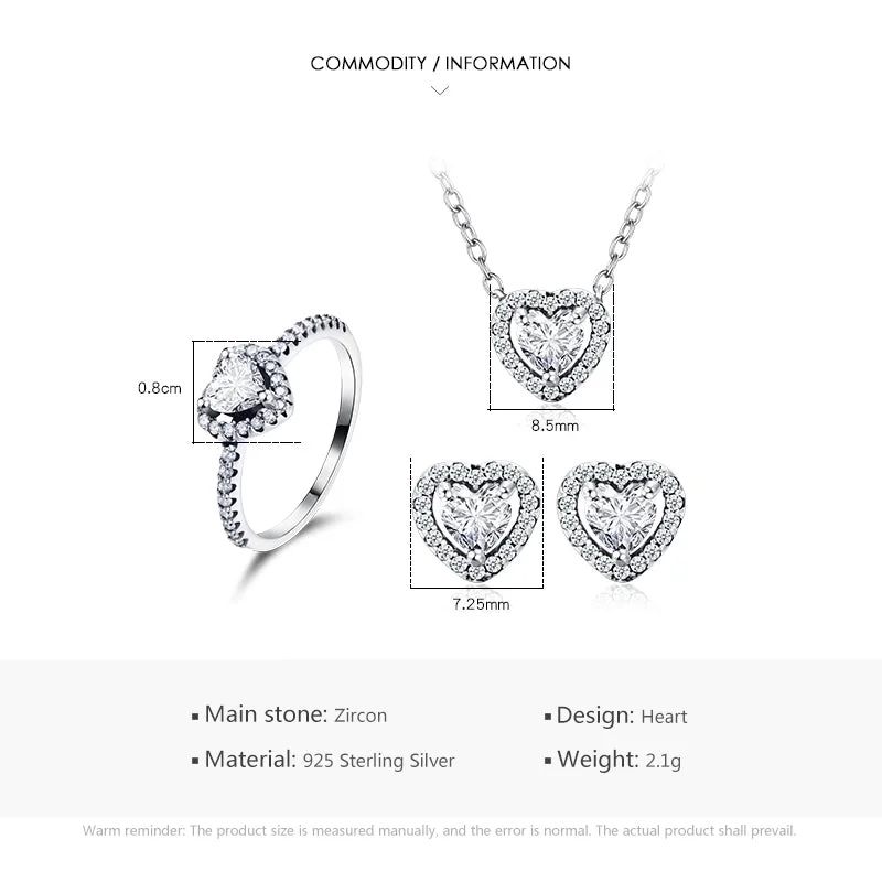 Choker necklaces for women -Ins Style Romantic Shiny Heart Shape Sterling Silver Plating Inlay Zircon Rings Earrings Necklace