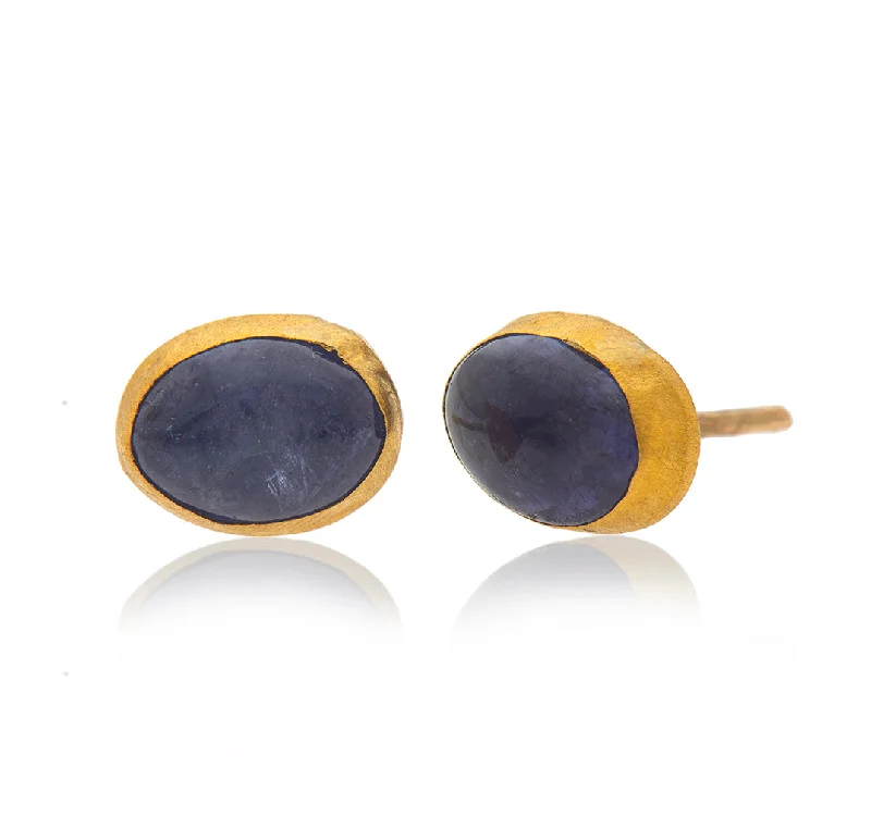 Chain earrings for women -Nava Zahavi Yellow Gold Oval Tanzanite Blue Stud Earrings