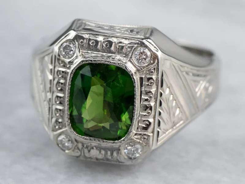 Modern rings for women -Green Tourmaline Diamond White Gold Statement Ring