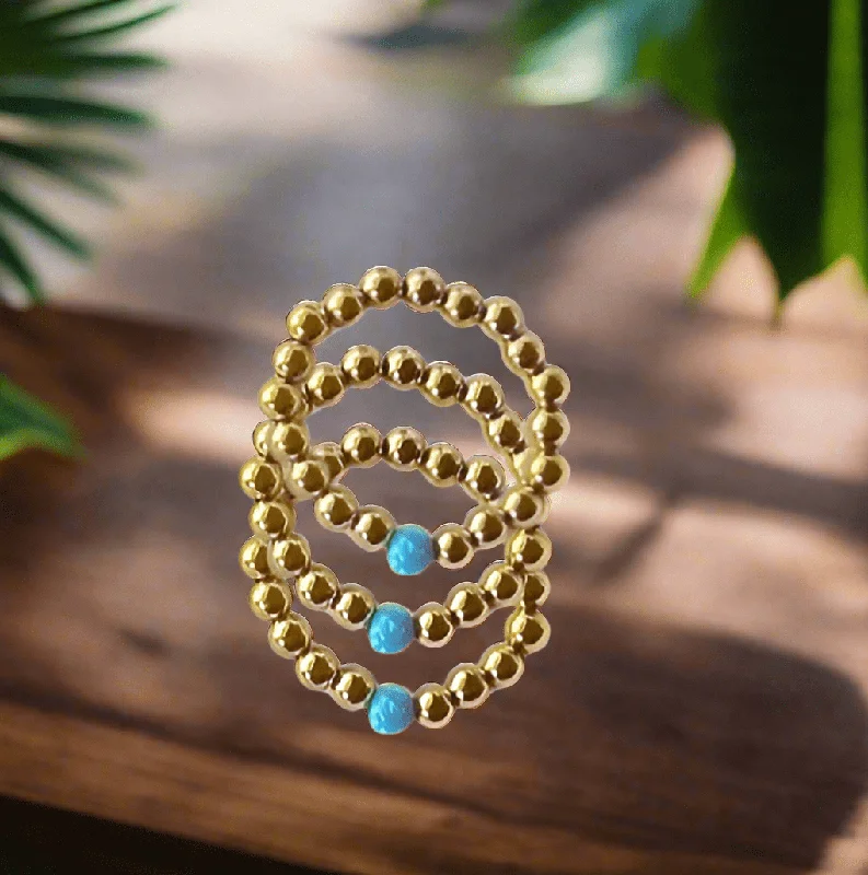 Vintage-inspired rings for women -Turquoise Gold Beaded Ring