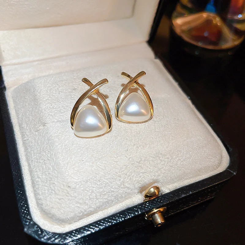 925 silver needle X-shaped cross triangle pearl earrings