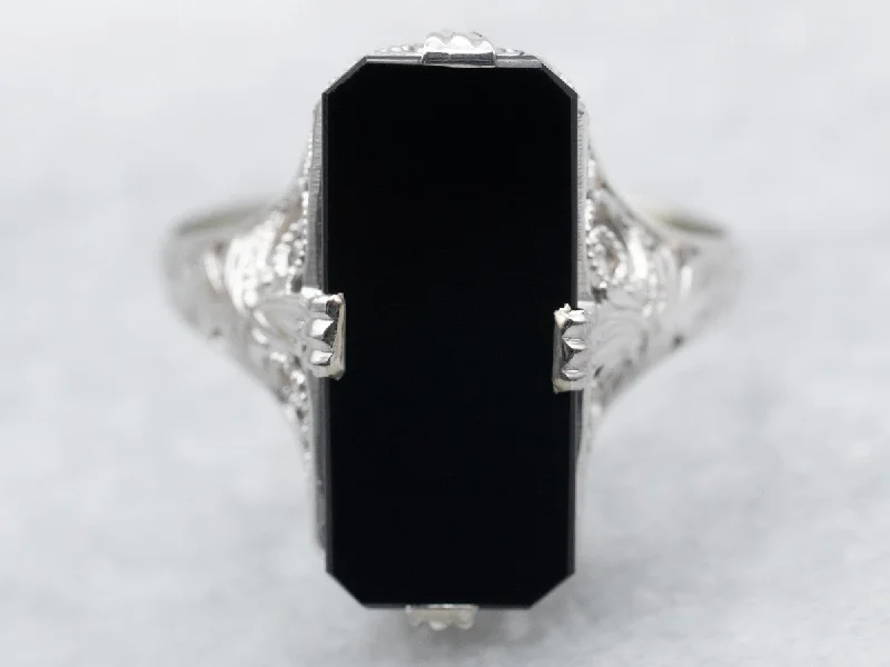 Custom diamond rings for women -White Gold Emerald Cut Black Onyx Solitaire Ring