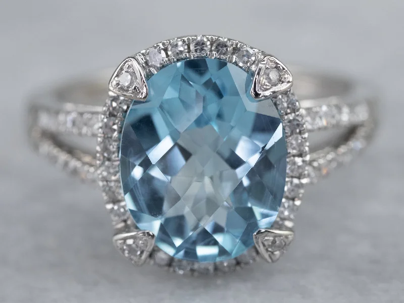 Promise engagement rings for women -White Gold Blue Topaz Diamond Halo Ring