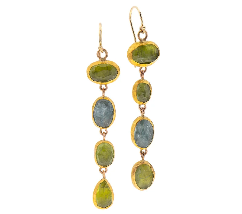 Boho earrings for women -Nava Zahavi Yellow Gold Long Earrings of Peridots and Aquamarines