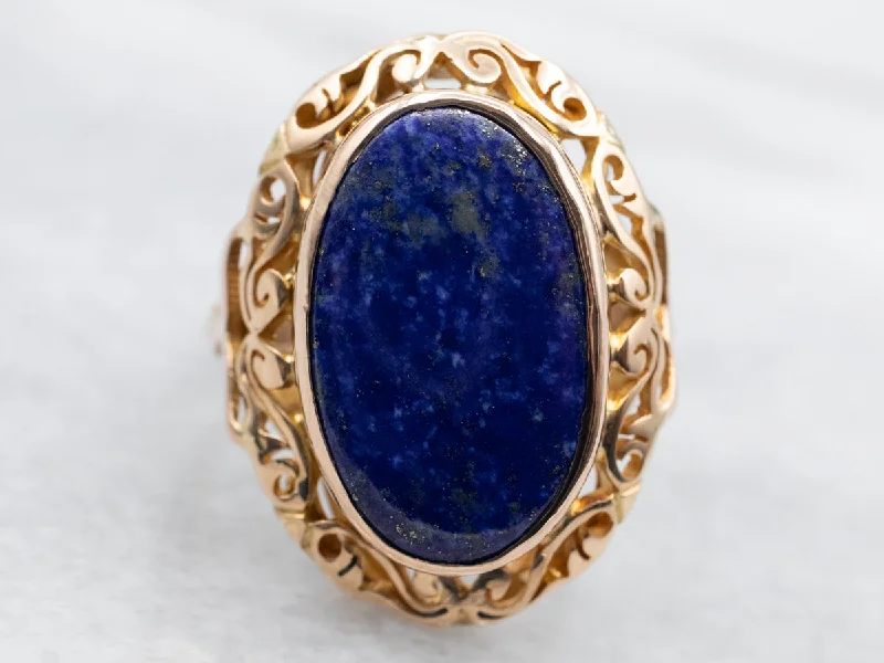 Personalized name rings for women -Yellow Gold Bezel Set Oval Cut Lapis Ring With Scrolling Frame