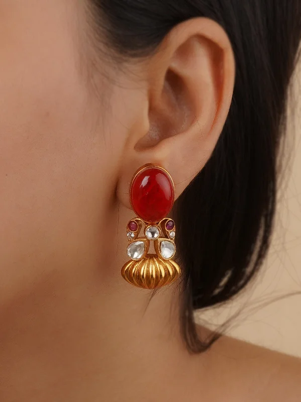 Gold plated earrings for women -Red Color Gold Plated Faux Polki Earrings - PK-E53R