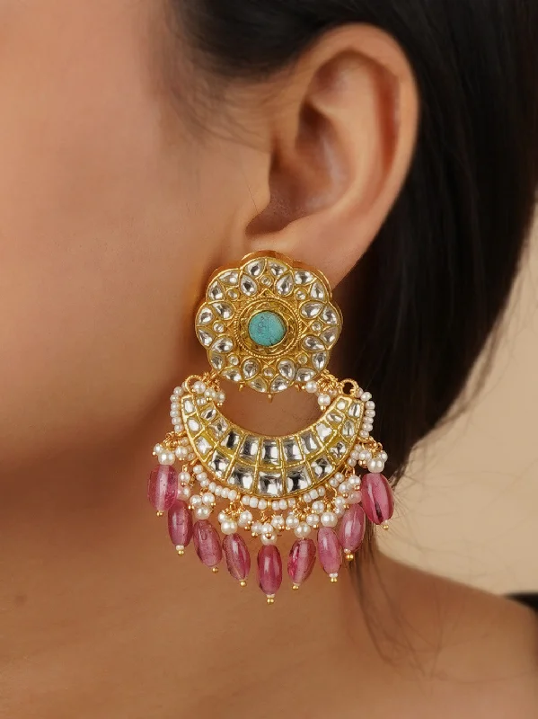 Chain earrings for women -Firoza Color Gold Plated Thappa Jadau Kundan Earrings - TJ-E70WF