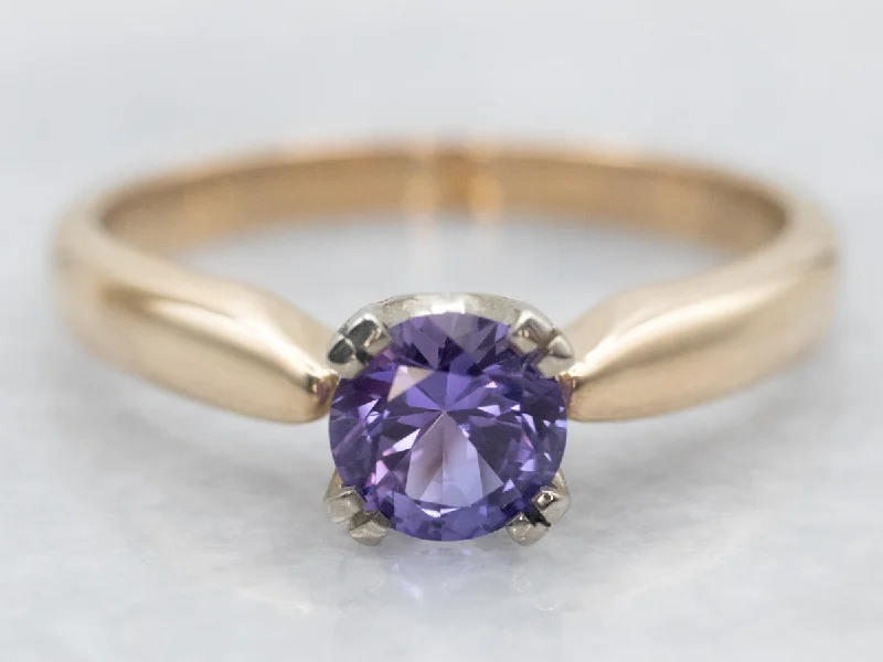 Infinity rings for women -Two Tone Yellow and White Gold Round Cut Purple Sapphire Solitaire Ring