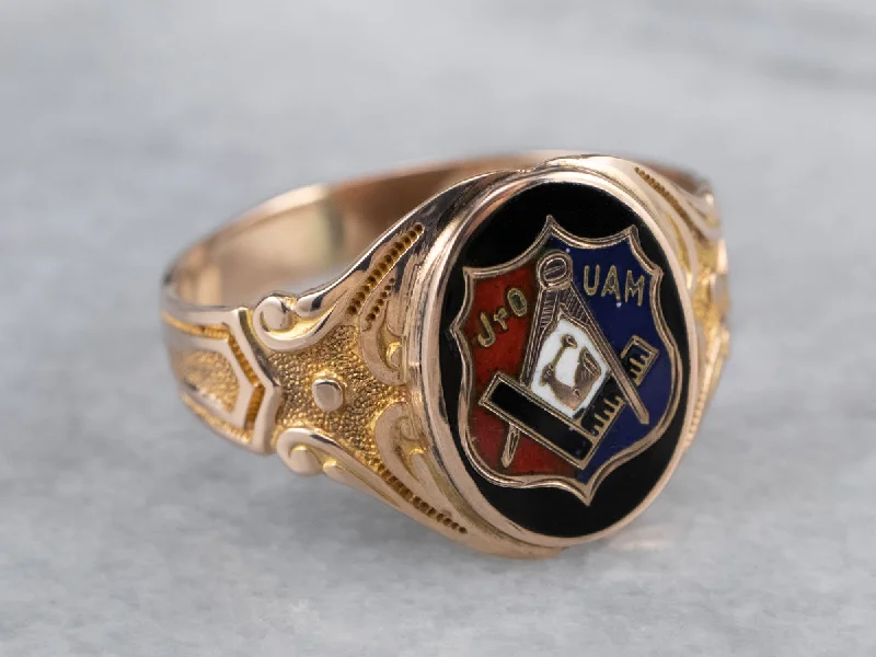 Elegant engagement rings for women -Antique Mechanics Fraternal Enamel Gold Ring